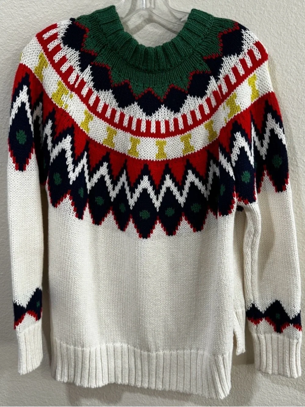 aerie Cream Fair Isle Crewneck Sweater with Green, Red, Navy‎ & Gold Small